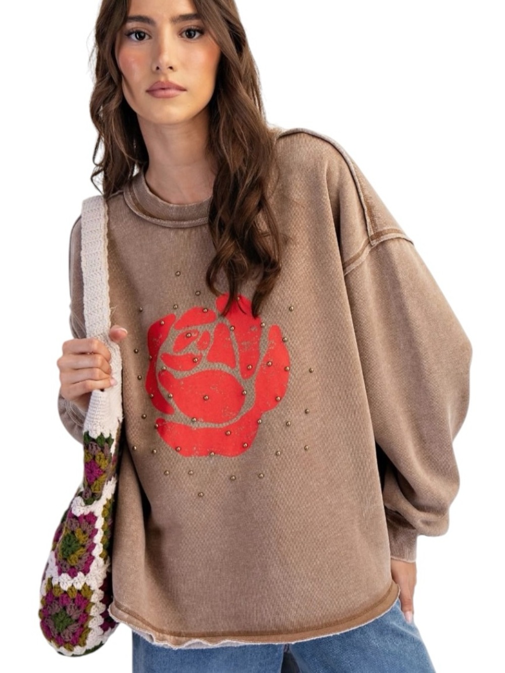 921:  EASEL NWT EMBELLISHED SWEATSHIRT DK MOCHA (H32)